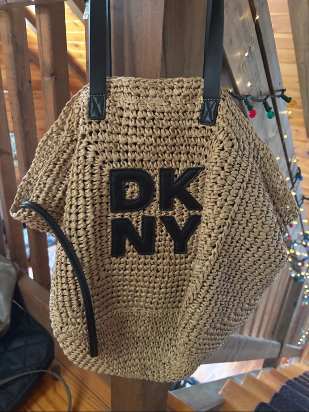 DKNY Tan Woven Tote with Black Logo and Straps